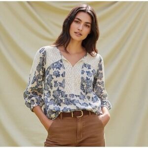 Free People Moon River Floral Peasant Top Blue Ivory Lace Oversized